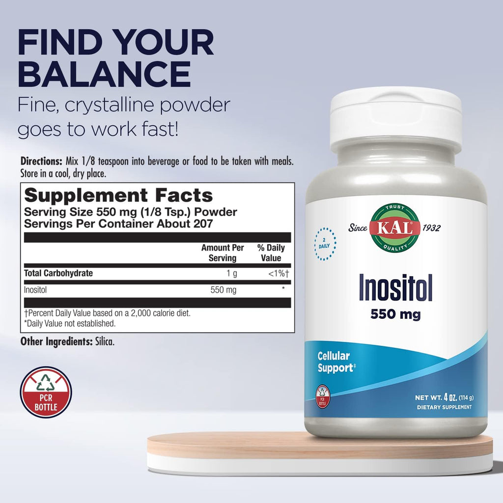 KAL Inositol en Polvo 550mg - 113g (4oz) - Suplemento Alimenticio para el Sistema Nervioso y el Estado de Ánimo