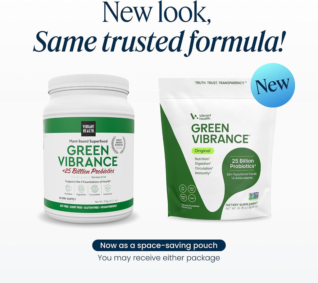 Vibrant Health Green Vibrance - 65 Superalimentos Vegetales, 25 Mil Millones de Probióticos, Fibra, Adaptógenos y Enzimas, 83 Raciones