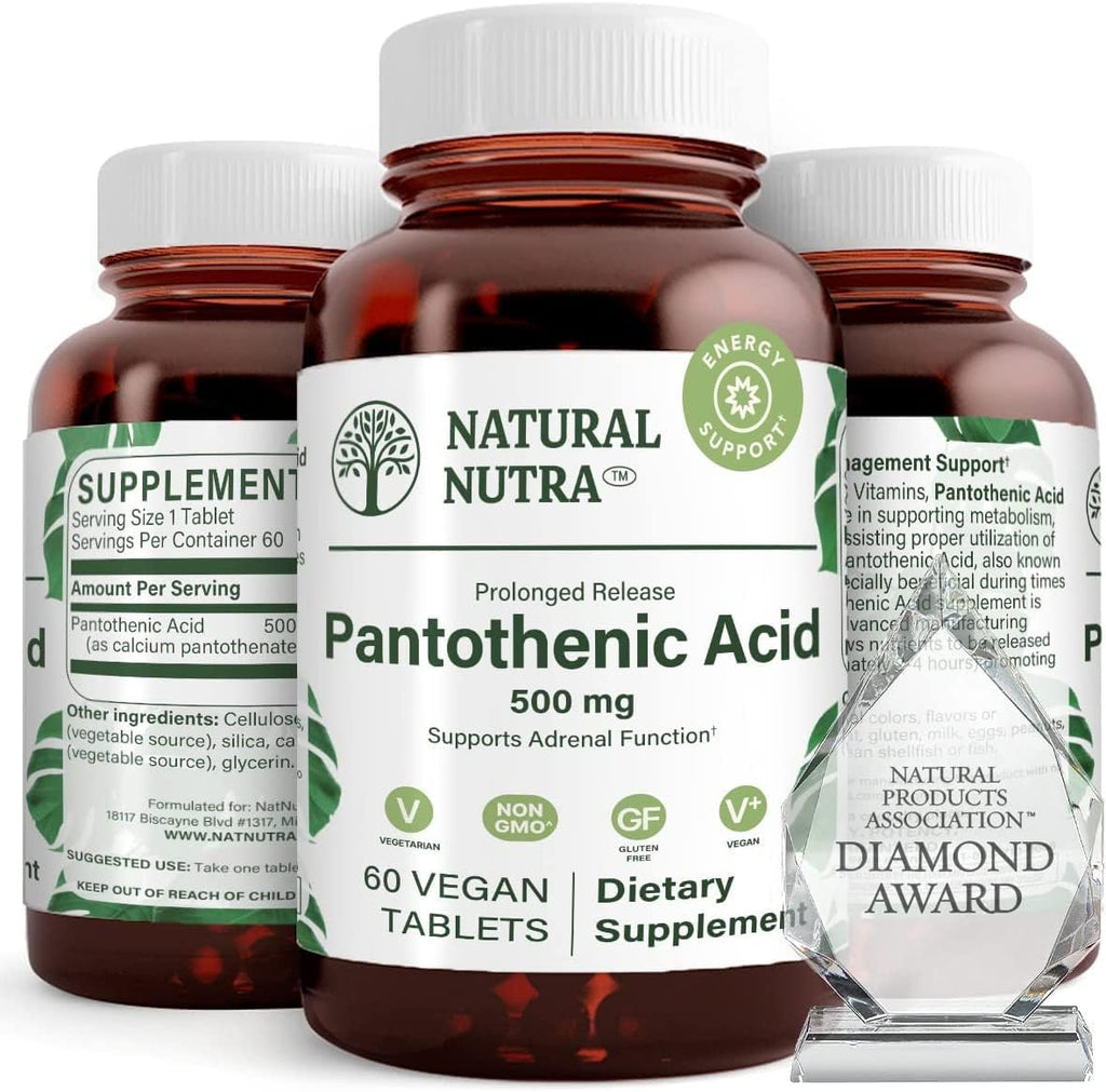 Natural Nutra Ácido Pantoténico 500 mg Liberación Prolongada - Vitamina B5 - 60 Comprimidos Vegetarianos (2 Envases)