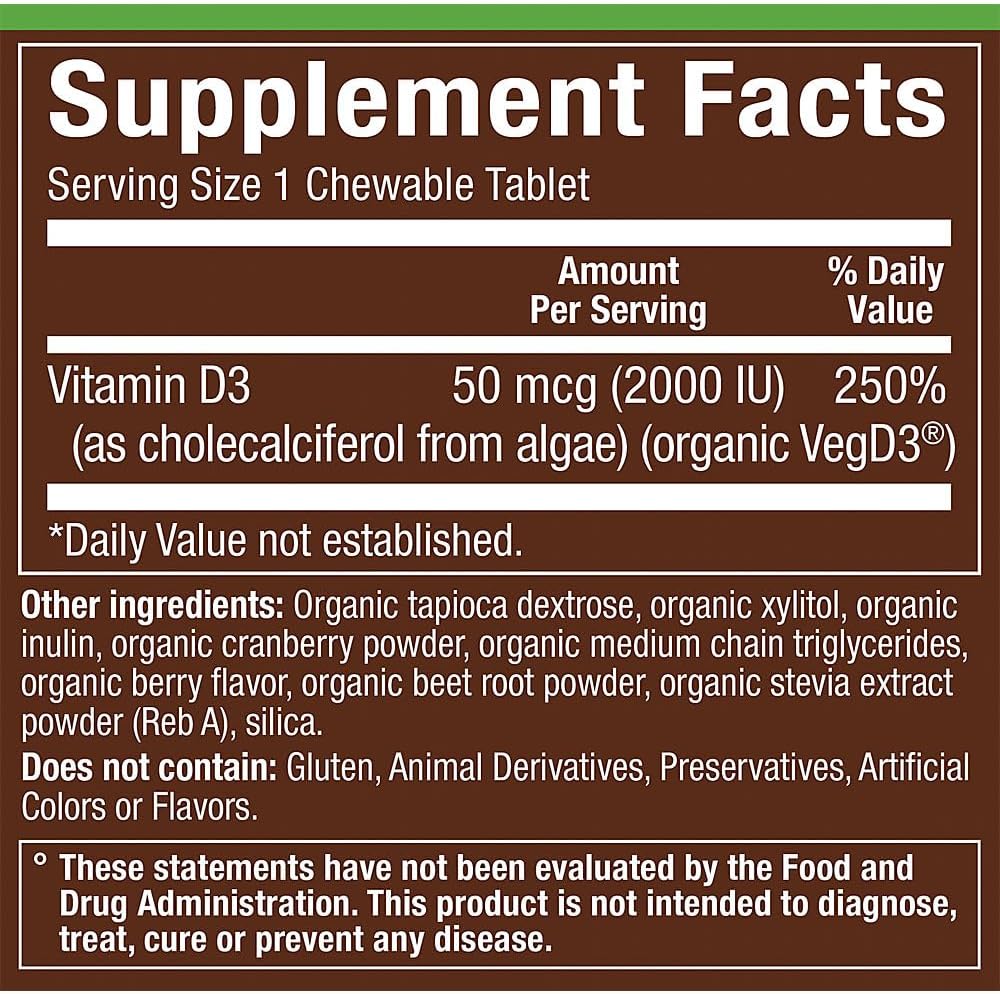 Vitamina D3 Orgánica 50 mcg (2000 UI) - Complemento Alimenticio de Origen Vegetal - 60 Comprimidos Masticables Sabor Frutos Rojos