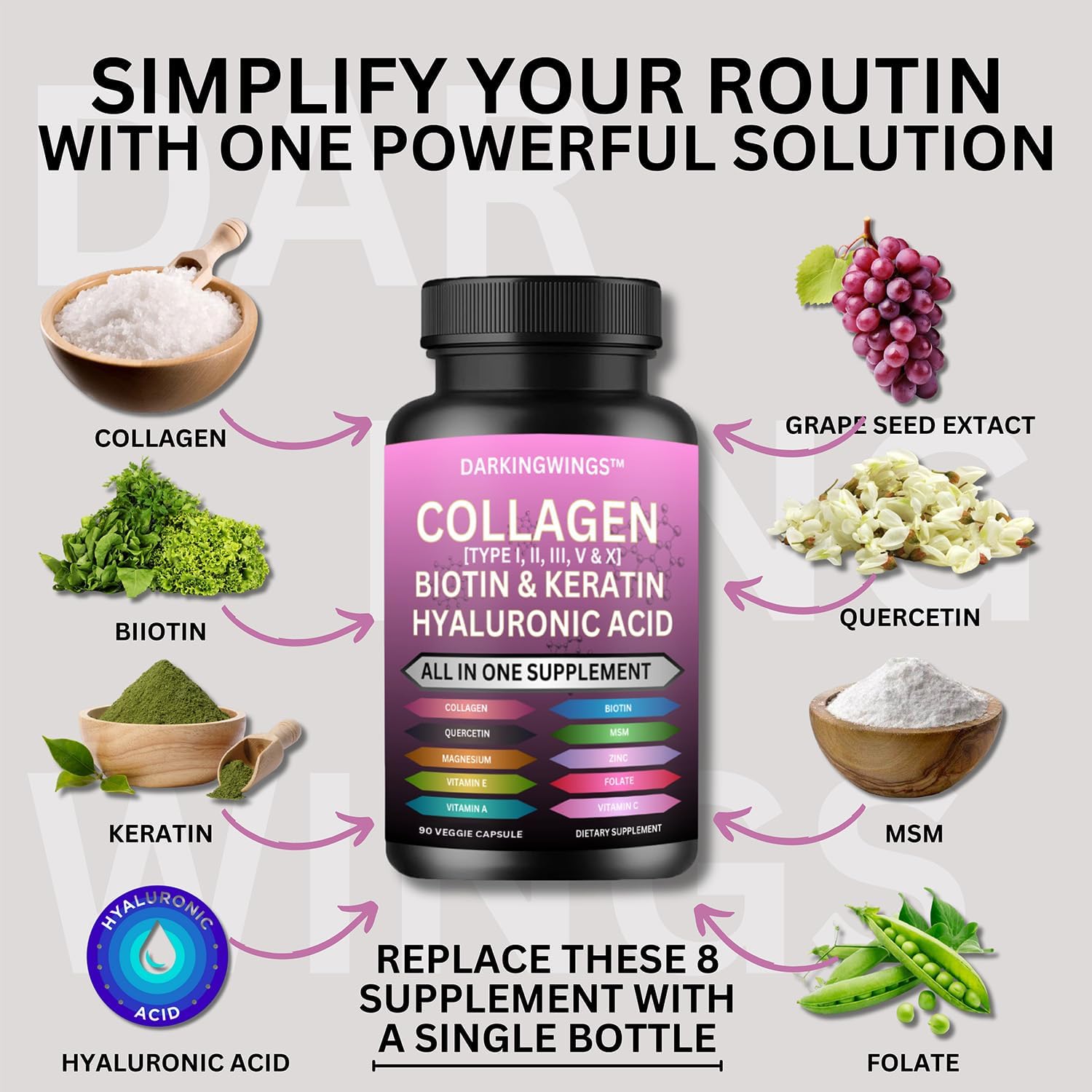 Darkingwings Multi Collagen Pills - Complejo de Colágeno con Biotina, Keratina y Ácido Hialurónico