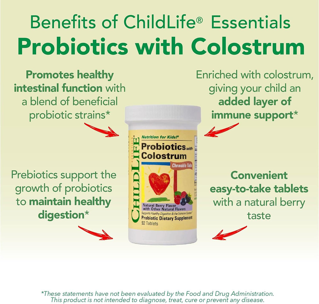 CHILDLIFE ESSENTIALS ChildBiotics con calostro - Probióticos masticables para niños, sabor natural a bayas, 92 comprimidos (Paquete de 2)