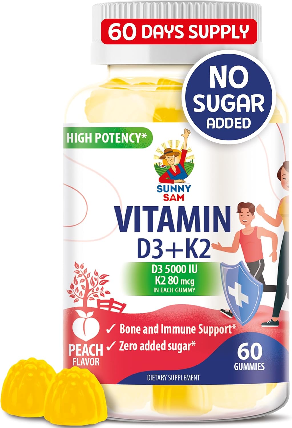 SUNNY SAM Vitamin D3 K2 Gummies 5000 UI, Sin Azúcar, 30 Gominolas