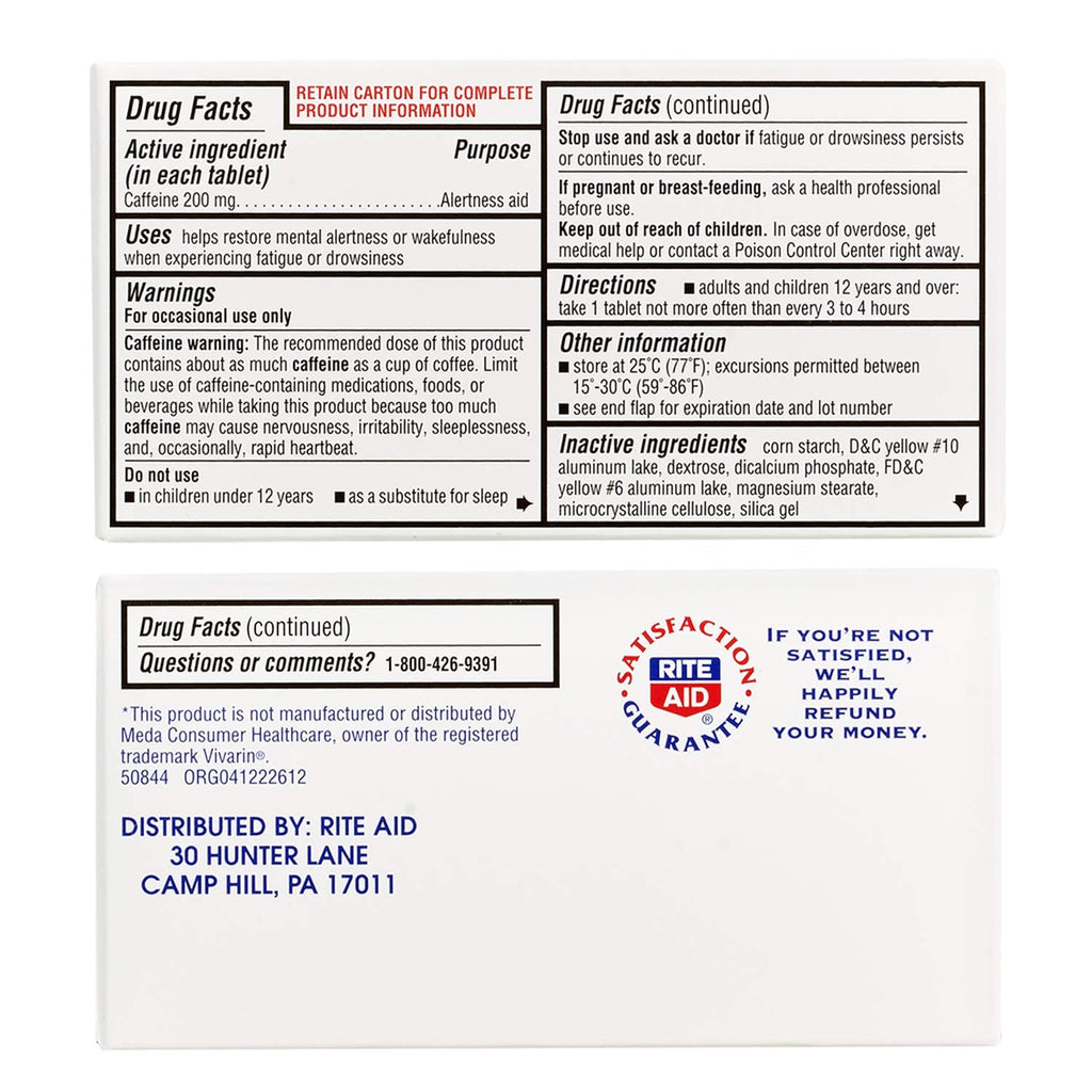Rite Aid Stay Awake Cafeína 200 mg, 100 Comprimidos