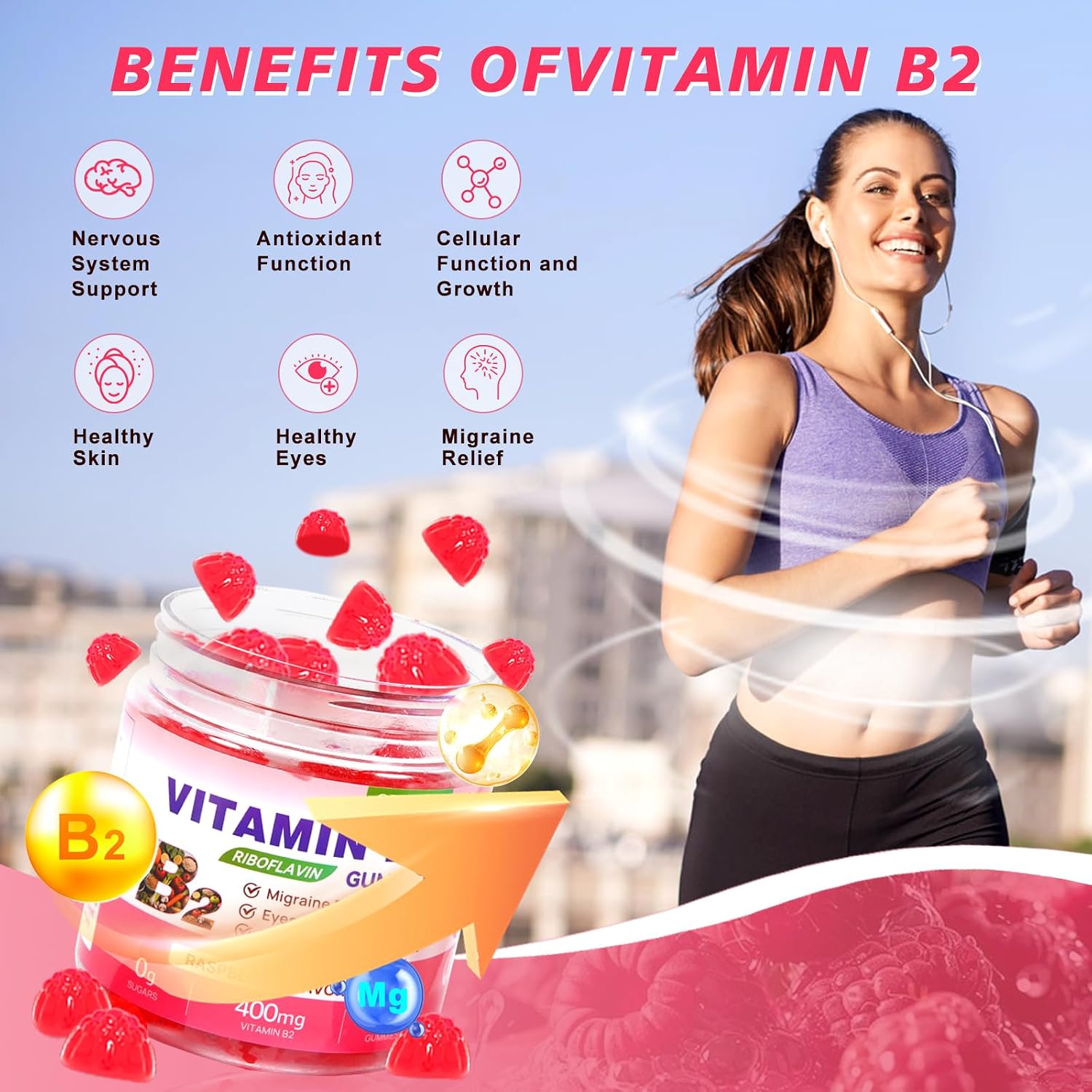 Gominolas de Vitamina B2 (Riboflavina) 400mg con Magnesio - 90 unidades - Vegano, Sin Azúcar - Sabor Frambuesa