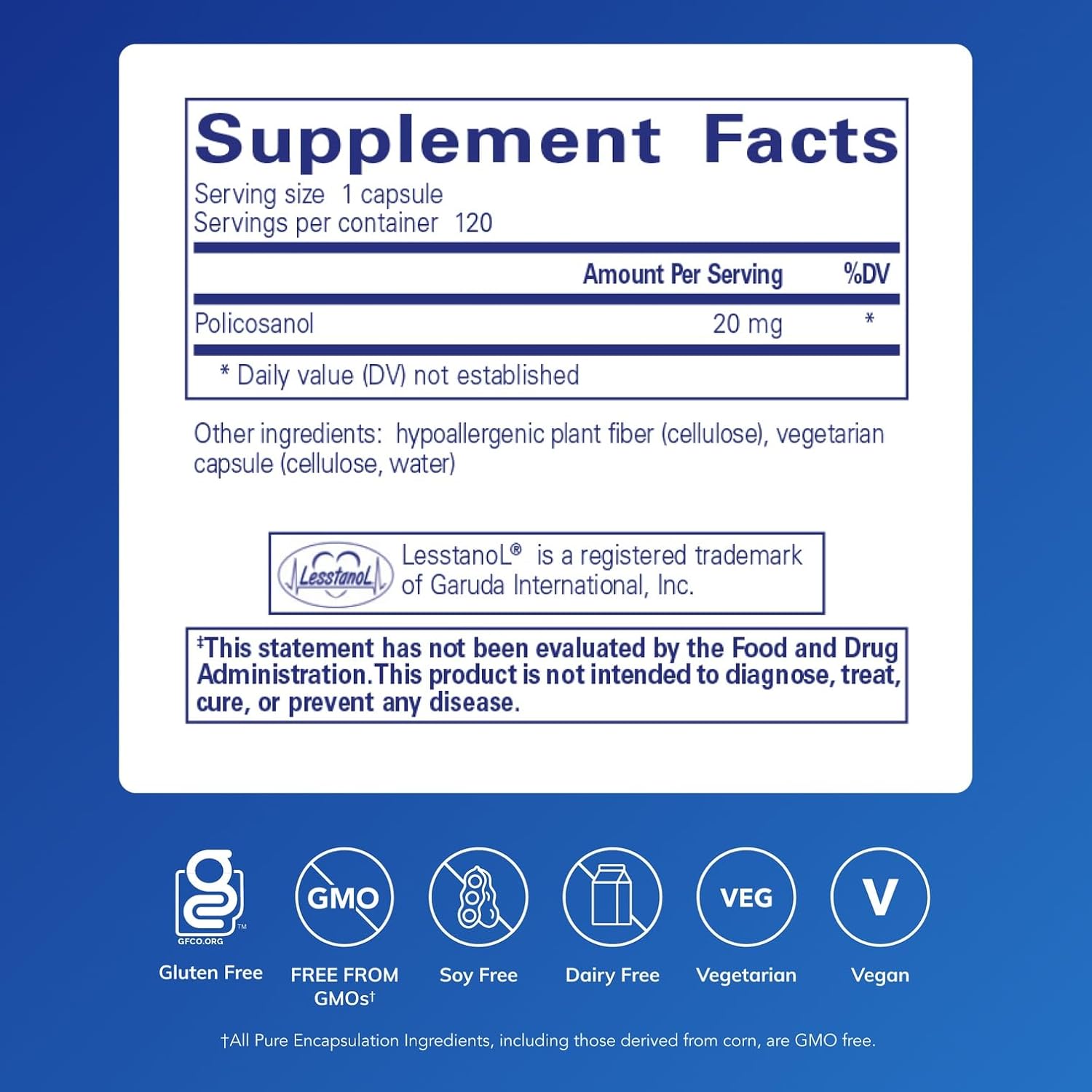 Pure Encapsulations Policosanol 20 mg - 120 Cápsulas