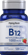 Piping Rock Vitamina B12 1000 mcg Sublingual - 120 Comprimidos - Metilcobalamina - Sabor a Bayas - Vegana, Sin Gluten