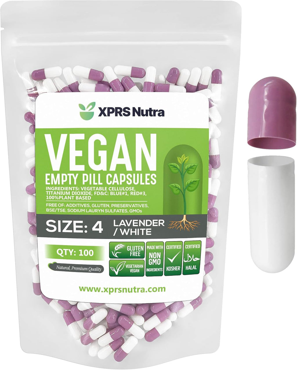XPRS Nutra Cápsulas Vacías Tamaño 4 - 500 unidades - Cápsulas Veganas Pequeñas - Píldoras Vegetarianas - Relleno DIY de Cápsulas Vegetales - Cápsulas Veggie Rellenables para Suplementos (Lavanda/Blanco)