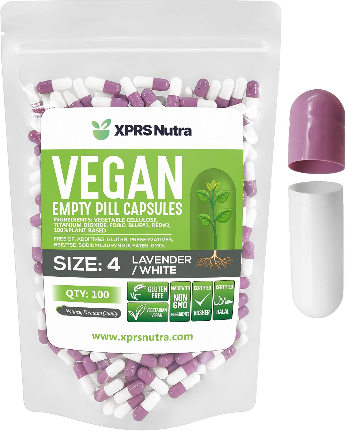 XPRS Nutra Cápsulas Vacías Tamaño 4 - 500 unidades - Cápsulas Veganas Pequeñas - Píldoras Vegetarianas - Relleno DIY de Cápsulas Vegetales - Cápsulas Veggie Rellenables para Suplementos (Lavanda/Blanco)