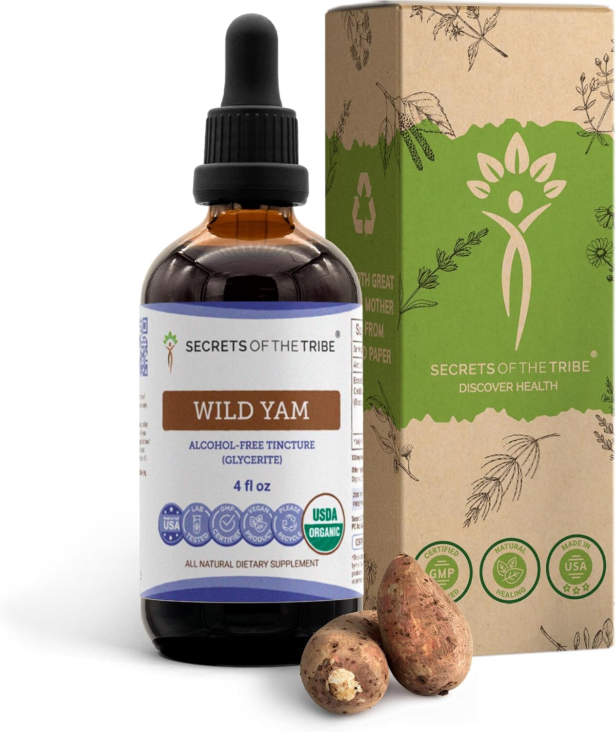 Secrets of the Tribe Ñame Salvaje Orgánico USDA - Extracto Sin Alcohol, Gotas Herbales de Alta Potencia - 118 ml