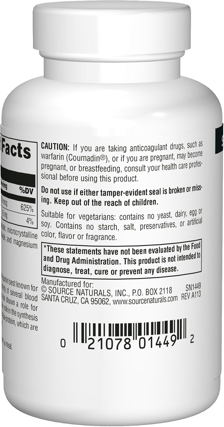 Vitamina K1 de Source Naturals, 100 tabletas