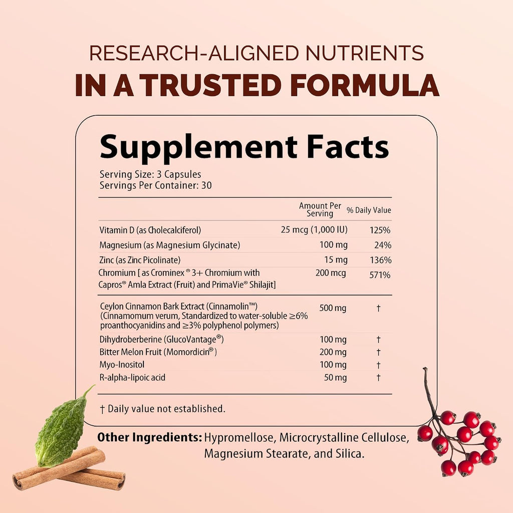 NutriSulin – Complemento de Canela de Ceilán y Berberina (Dihidroberberina) con Complejo de Azúcar en Sangre: Myo-Inositol, Melón Amargo, R-ALA, Vitamina D, Cromo, Magnesio y Zinc – 90 Cápsulas