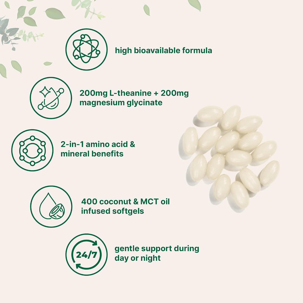 L-Theanine 200mg con Magnesio Glicinato, 400 Softgels con Aceite MCT de Coco | Complejo 2 en 1 de Aminoácido y Mineral