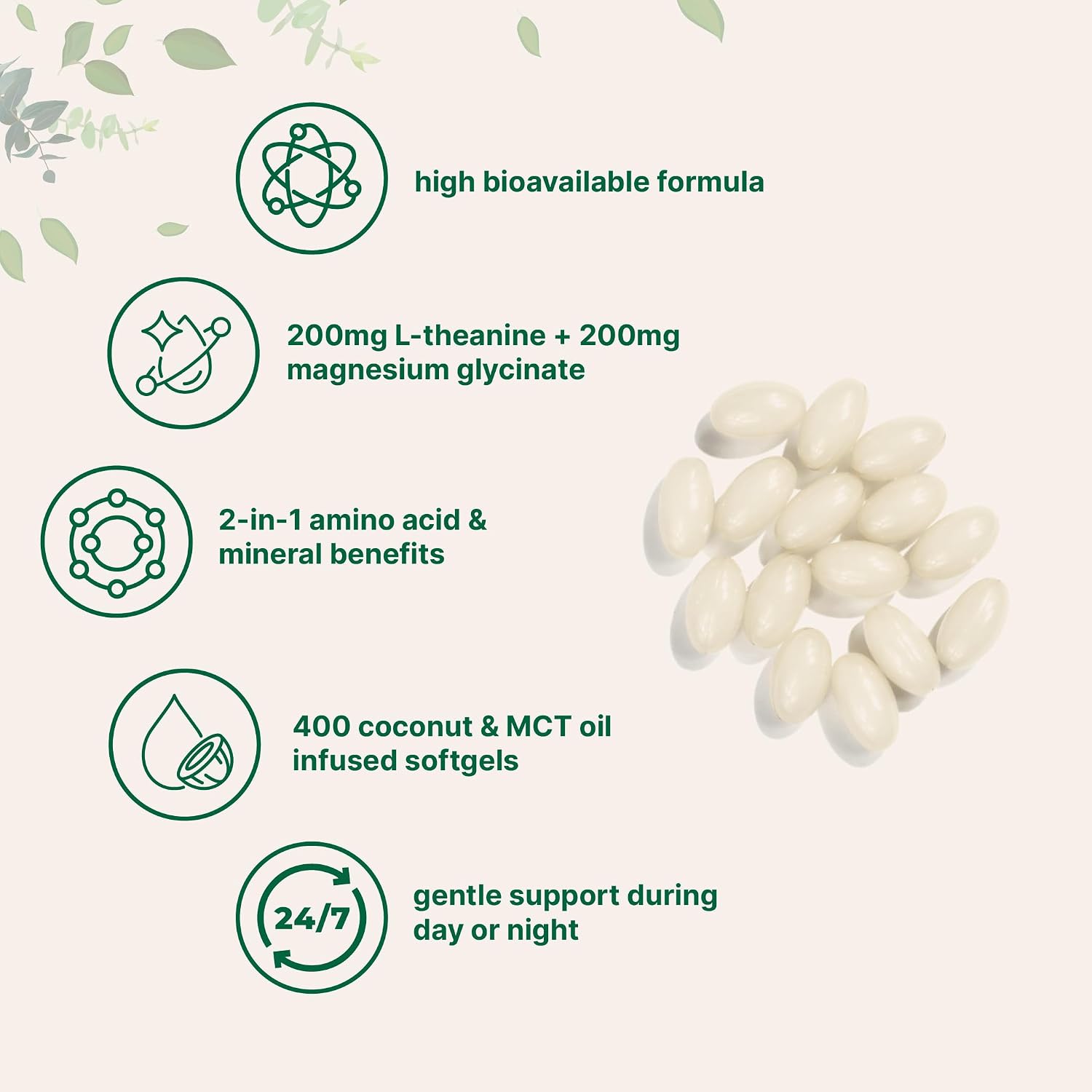 L-Theanine 200mg con Magnesio Glicinato, 400 Softgels con Aceite MCT de Coco | Complejo 2 en 1 de Aminoácido y Mineral