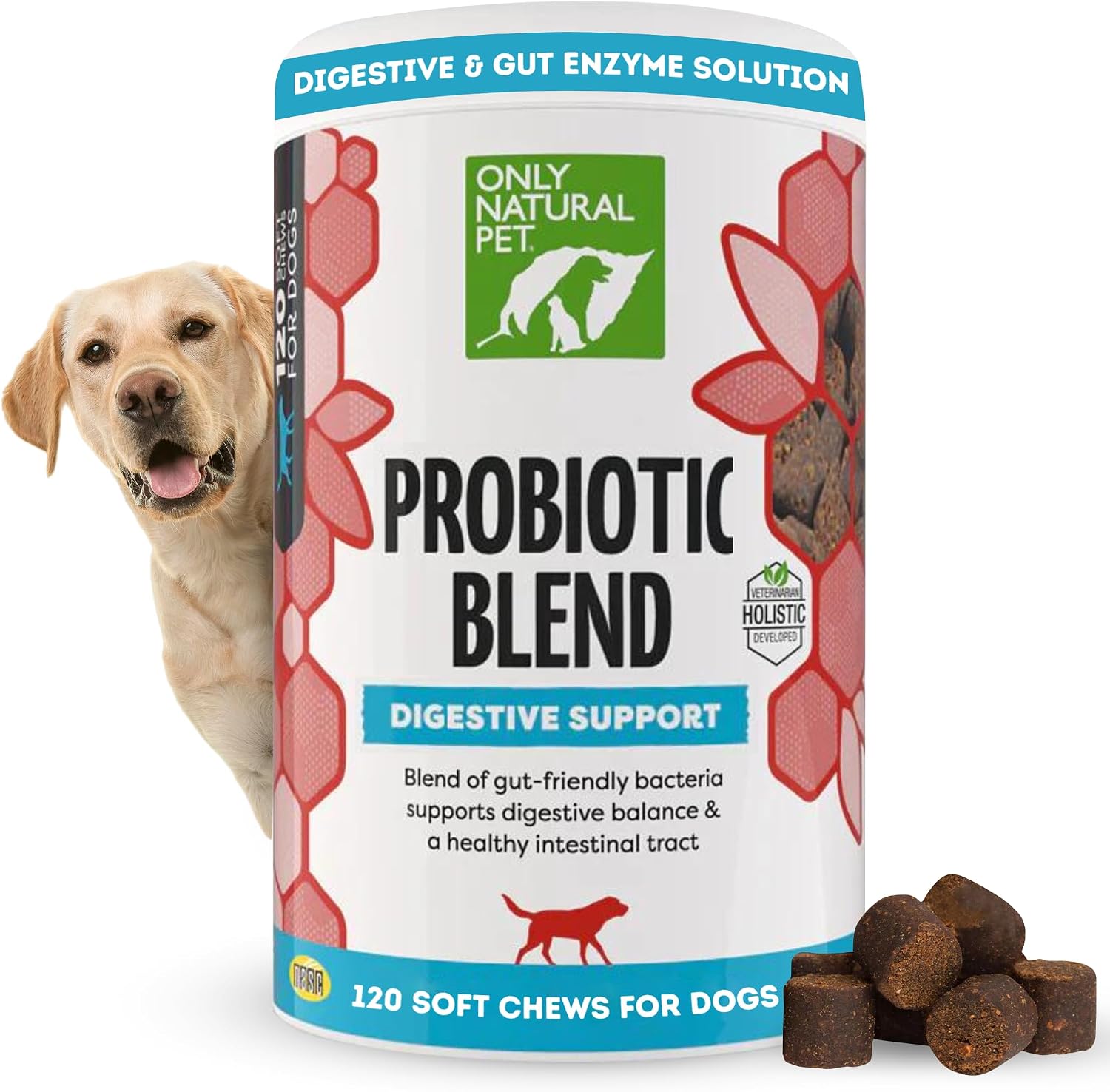 Only Natural Pet Probiótico para Perros y Gatos - Complemento Digestivo con Enzimas, 60 Masticables Blandos