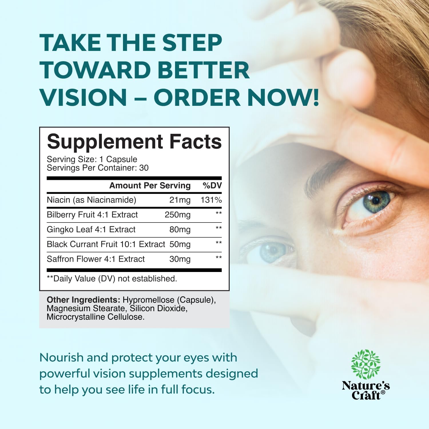 Natures Craft Eye Pressure Support con extracto de arándano - Suplemento vegano para la salud ocular - 30 cápsulas