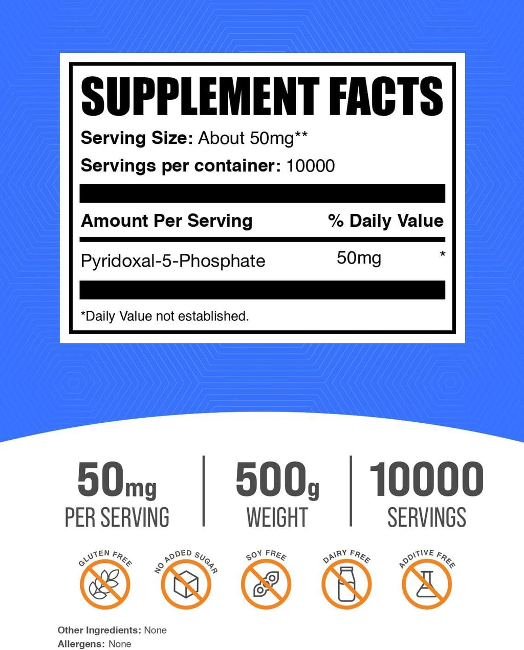 Piridoxal Fosfato (P-5-P) en Polvo - 50mg por dosis - 500g - BulkSupplements.com