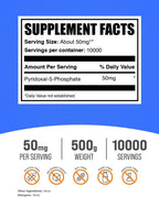 Piridoxal Fosfato (P-5-P) en Polvo - 50mg por dosis - 500g - BulkSupplements.com