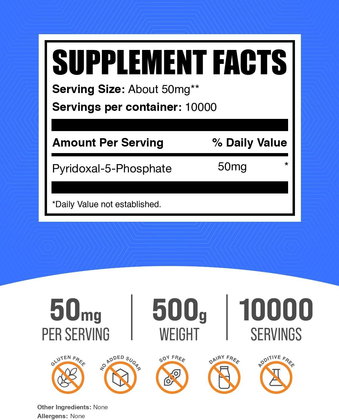 Piridoxal Fosfato (P-5-P) en Polvo - 50mg por dosis - 500g - BulkSupplements.com