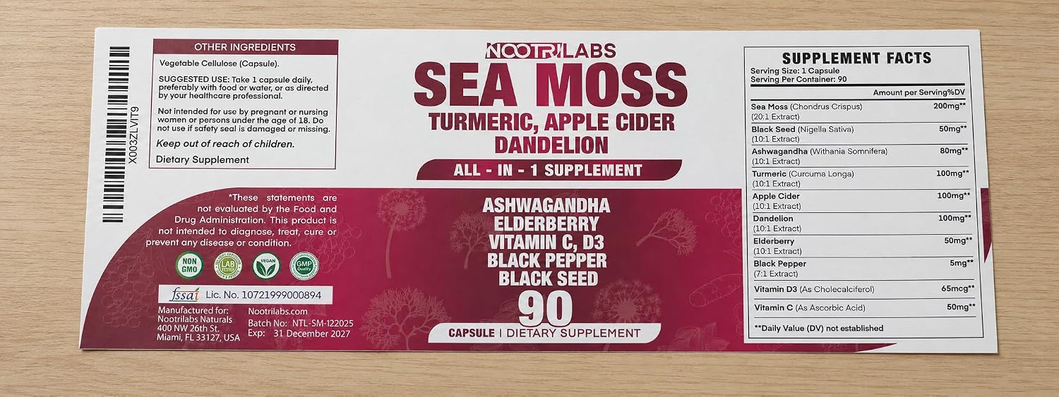 Nootrilabs Naturals Todo-en-1: Musgo Marino, Semilla Negra, Ashwagandha, Cúrcuma, Vinagre de Manzana, Diente de León, Saúco, Vitamina C y D3 - 90 Cápsulas Veganas