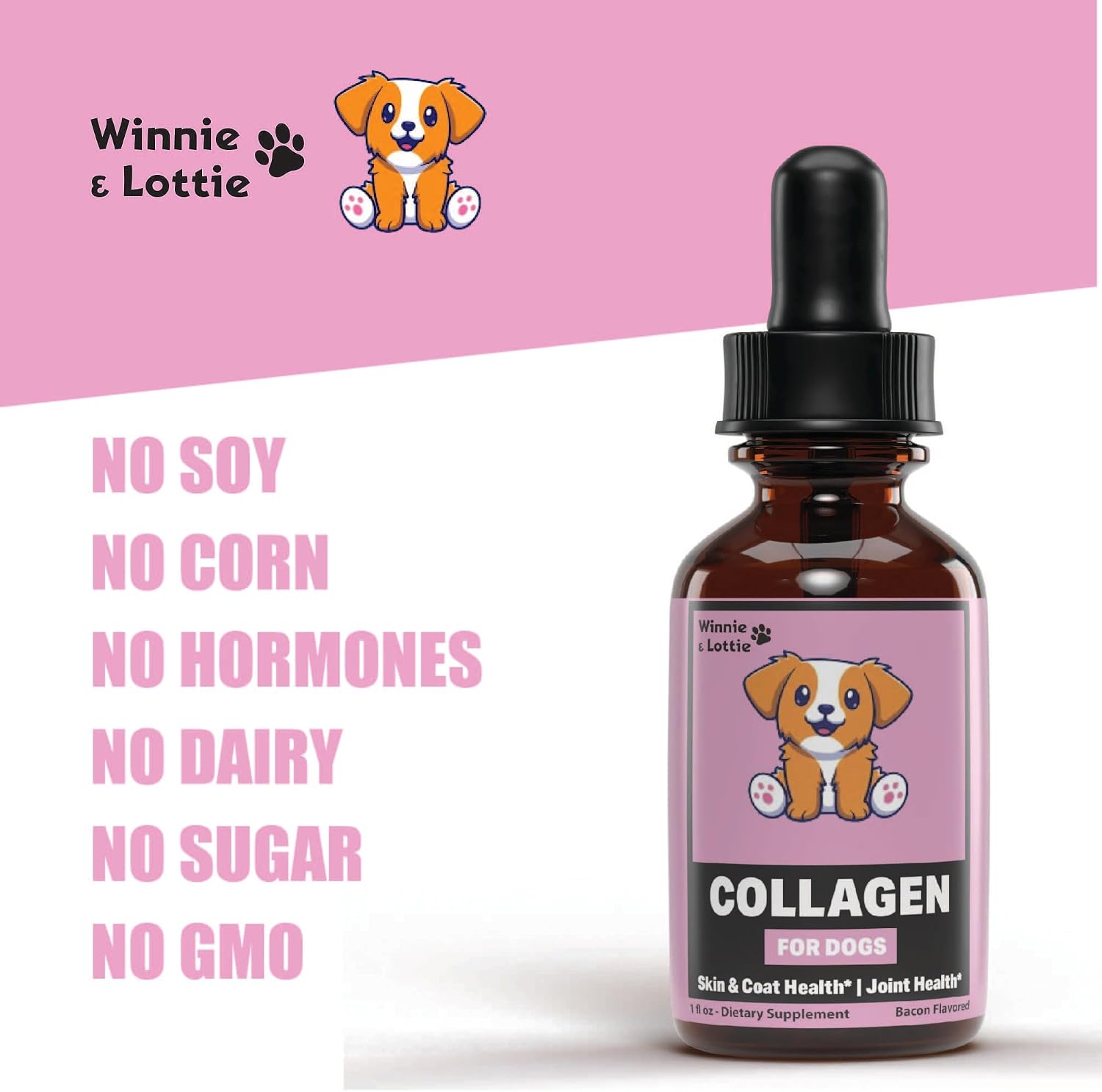 Winnie & Lottie Colágeno Líquido para Perros - Sabor a Bacon, 30 ml