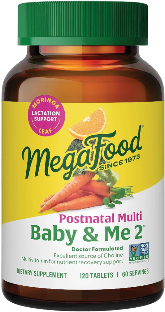 MegaFood Baby & Me 2 Vitaminas Postnatales para Mujeres en Lactancia con Folato, Colina, Yodo, Vitamina D y Hoja de Moringa - 120 Comprimidos (60 Porciones)