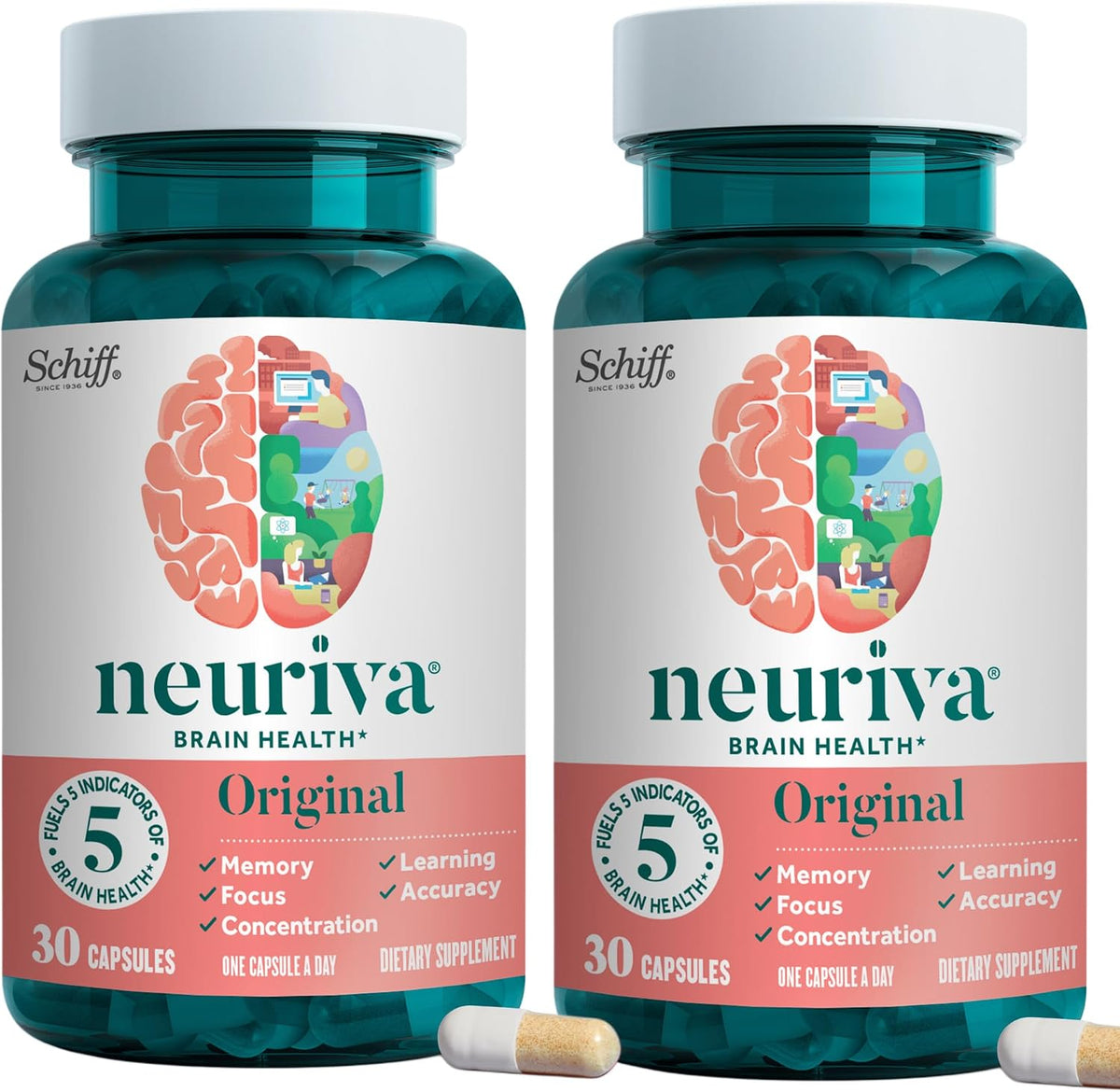 NEURIVA Original Suplemento Cerebral para Memoria, Concentración y Aprendizaje - 30 Cápsulas (Pack de 2) – Image 1