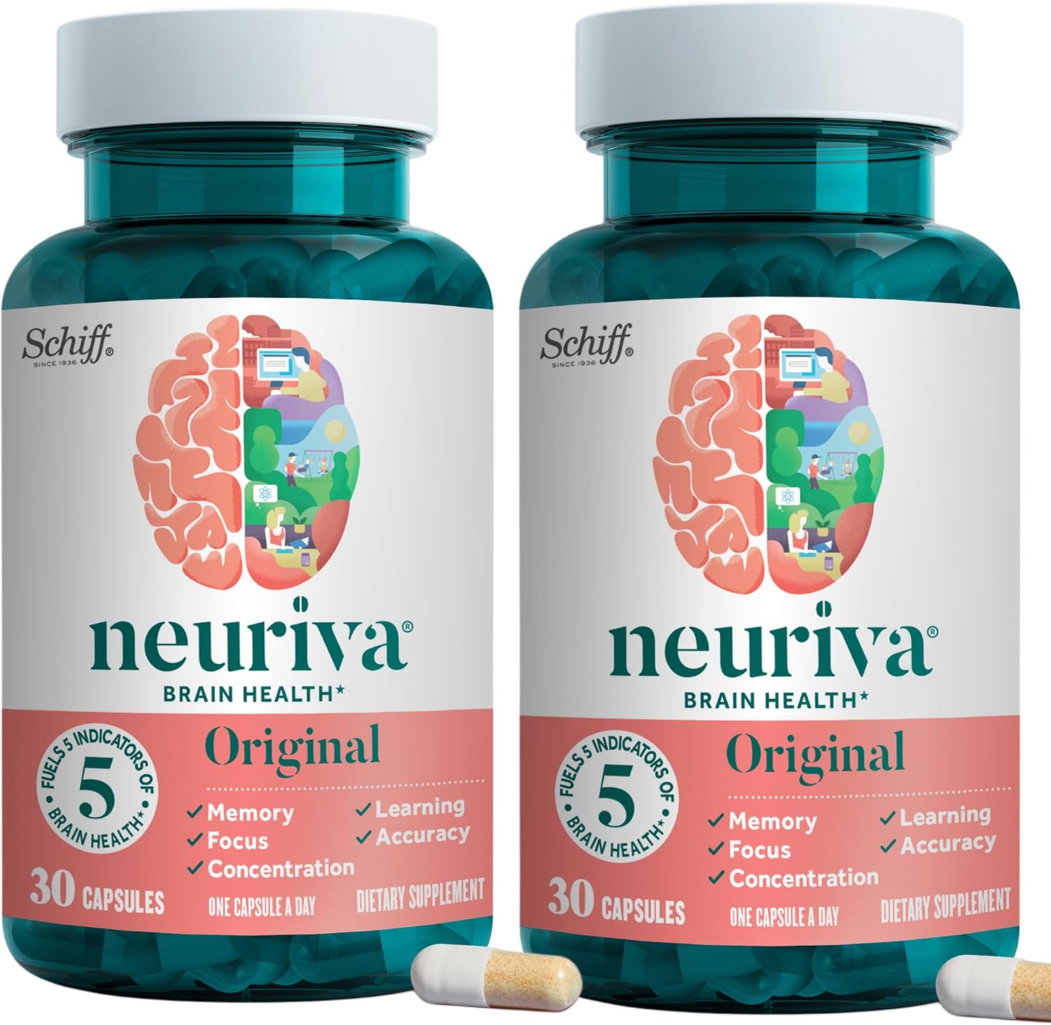 NEURIVA Original Suplemento Cerebral para Memoria, Concentración y Aprendizaje - 30 Cápsulas (Pack de 2)