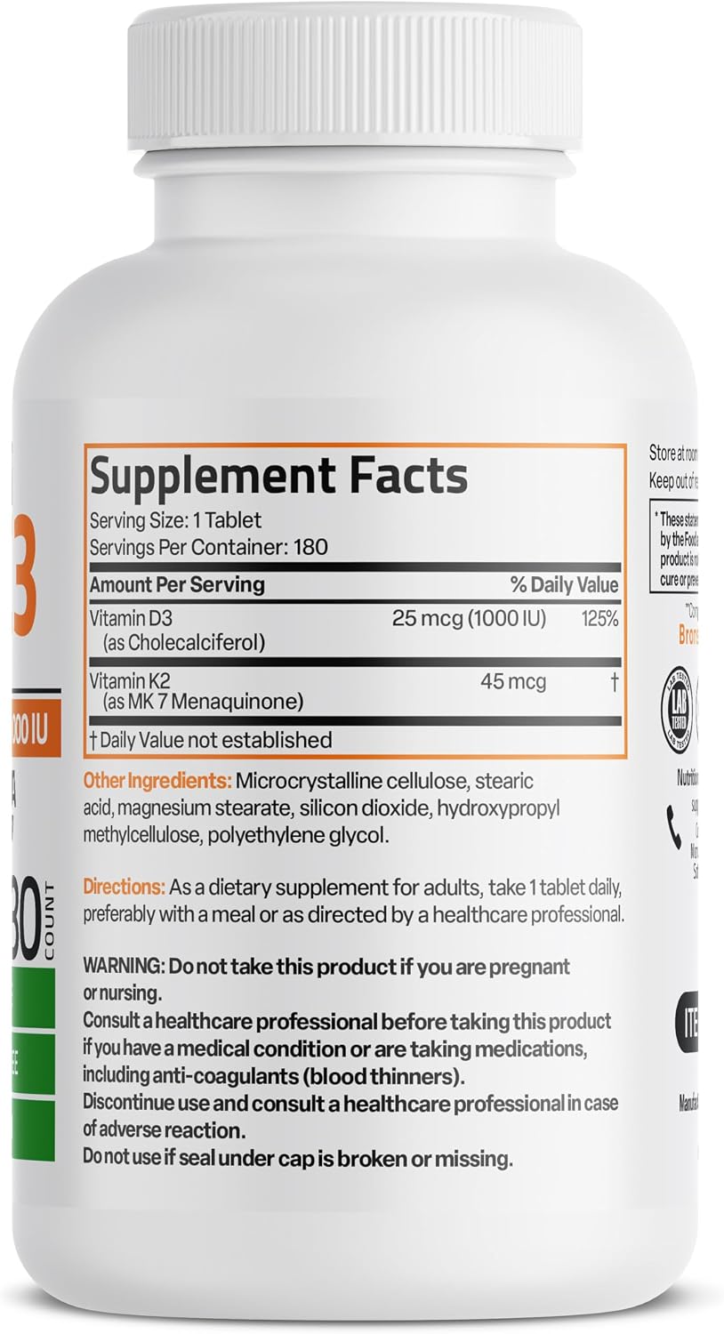Bronson Vitamina K2 (MK-7) con D3 Dosis Baja 45 mcg K2 y 1000 UI D3 Comprimidos Mini para Mantenimiento Diario 2 en 1 No GMO, 180 Comprimidos