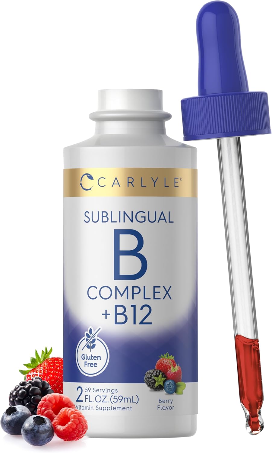 Carlyle Complejo B Sublingual - 60 ml - Gotas Líquidas con Vitamina B12 - Sabor a Bayas - Suplemento Vegetariano, No GMO, Sin Gluten