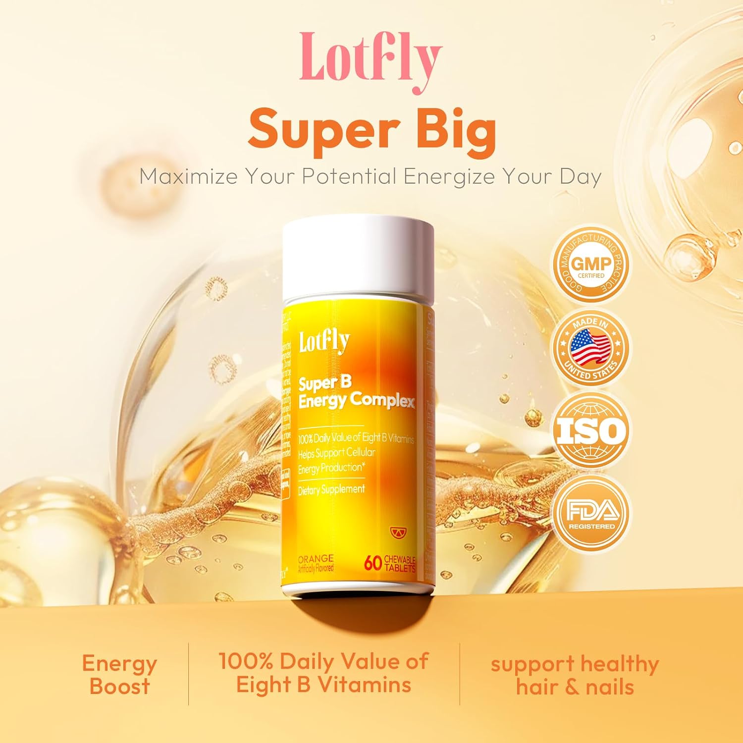 LOTFLY Complejo B Completo con Vitaminas B1-B12, Taurina y Naranja Sangre - 60 Comprimidos Masticables para Hombres y Mujeres