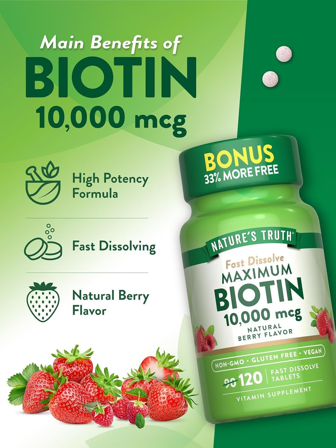 Nature's Truth Biotin 10,000 mcg Rapid Dissolve Tablets, Berry Flavor, Pack of 3 (120 Tablets Each)
