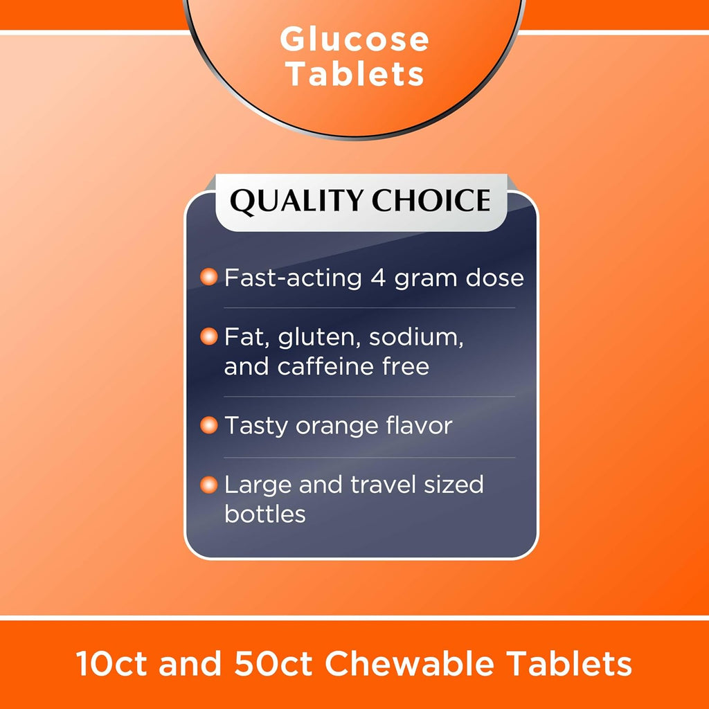 Quality Choice Comprimidos de Glucosa de Acción Rápida Sabor Naranja, 50 unidades