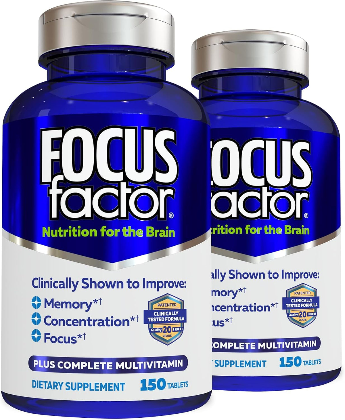 Focus Factor Nutrition for The Brain - Suplemento Multivitamínico Completo para la Memoria y Concentración con Vitaminas B6, B12, D, Bacopa Monnieri y Tirosina - 150 comprimidos (Pack de 2) - görsel 1