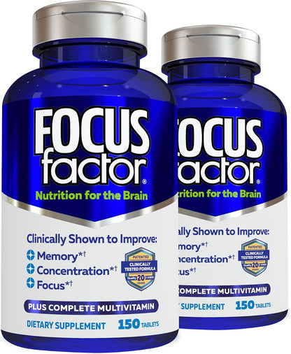 Focus Factor Nutrition for The Brain - Suplemento Multivitamínico Completo para la Memoria y Concentración con Vitaminas B6, B12, D, Bacopa Monnieri y Tirosina - 150 comprimidos (Pack de 2)