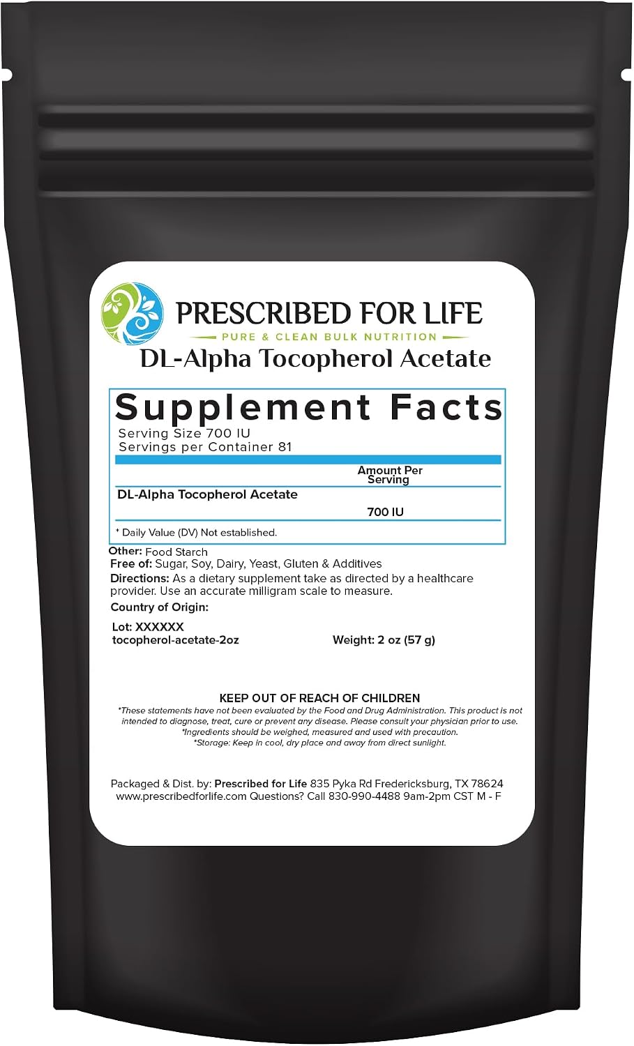 Prescribed For Life Polvo de Acetato de Tocoferol, Vitamina E Alfa Soluble en Agua, 700 UI/g, Vegano, Sin Gluten, Sin OGM (5 kg)