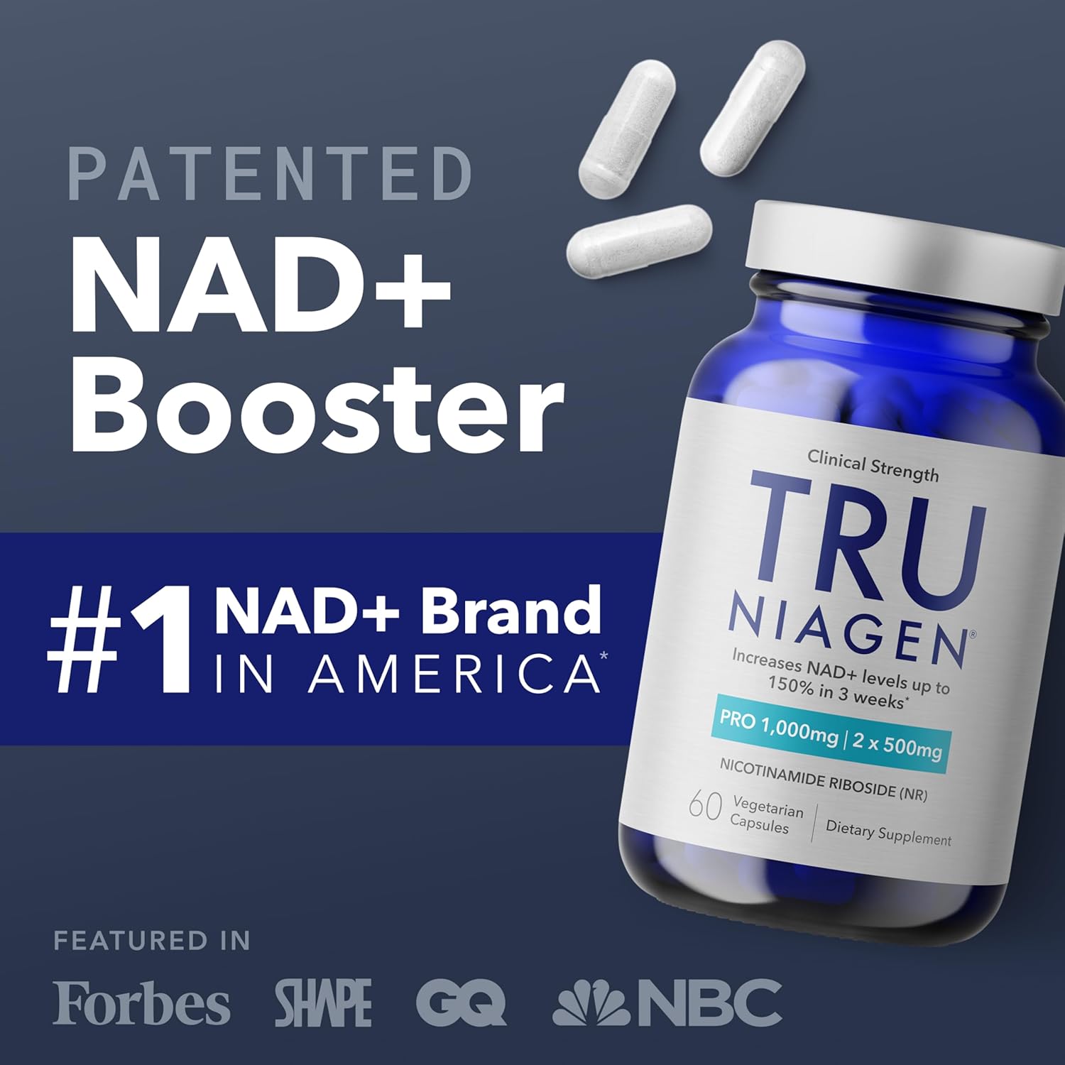 TRU NIAGEN Suplemento de NAD+ Patentado | Nicotinamida Ribósido (NR) | 30 dosis de 1000 mg (2x500 mg)