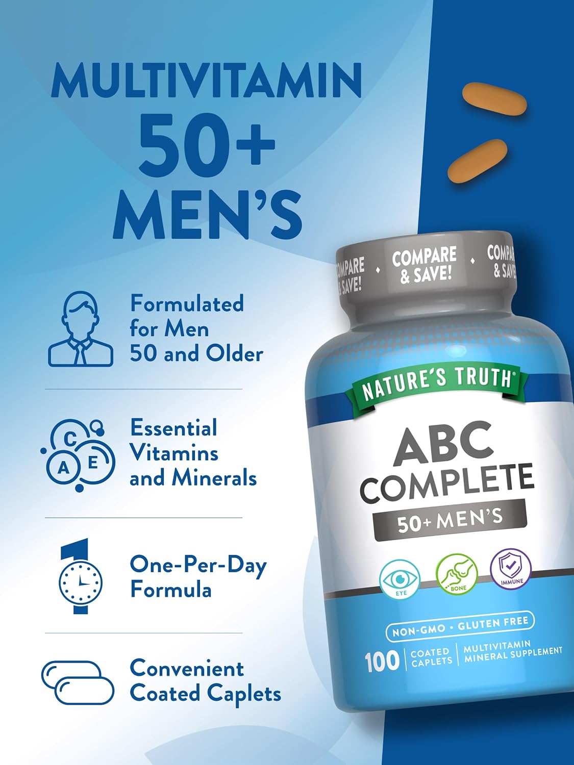 Nature's Truth Men's Multivitamin 50+ | with Vitamins A, C, E, B6 & B12 | 100 Tablets | Gluten Free & Non-GMO