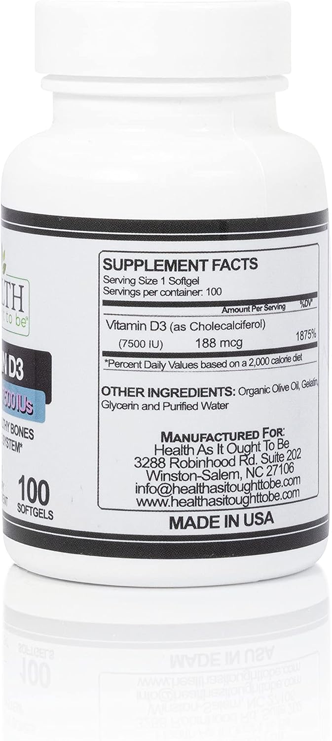 Health As It Ought To Be Vitamina D3 7500 UI (188 mcg) - 100 Cápsulas Blandas