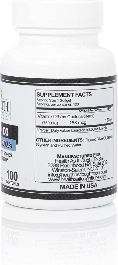 Health As It Ought To Be Vitamina D3 7500 UI – Ayuda a mantener los niveles normales de calcio en sangre. – Image 2