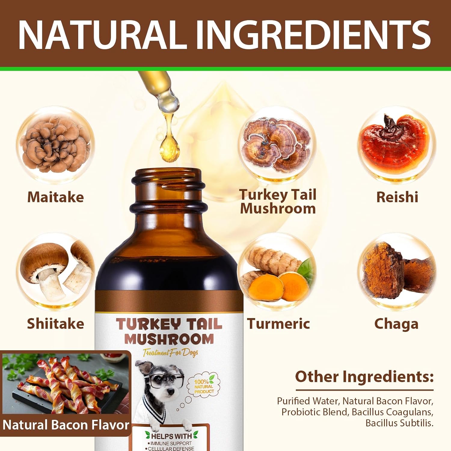 Cola de Pavo para Perros, Rápida Absorción - Gotas con Cúrcuma y Probióticos para el Sistema Inmunológico, Digestivo y Articular - 60ml