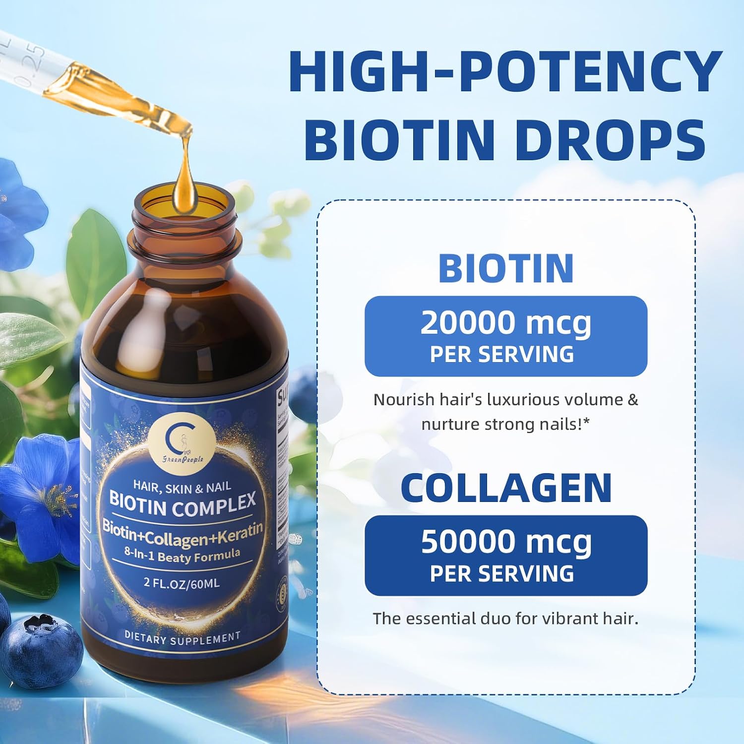 Liquid Biotin & Collagen Drops - 20000 µg de Biotina con Colágeno Líquido - 59 ml