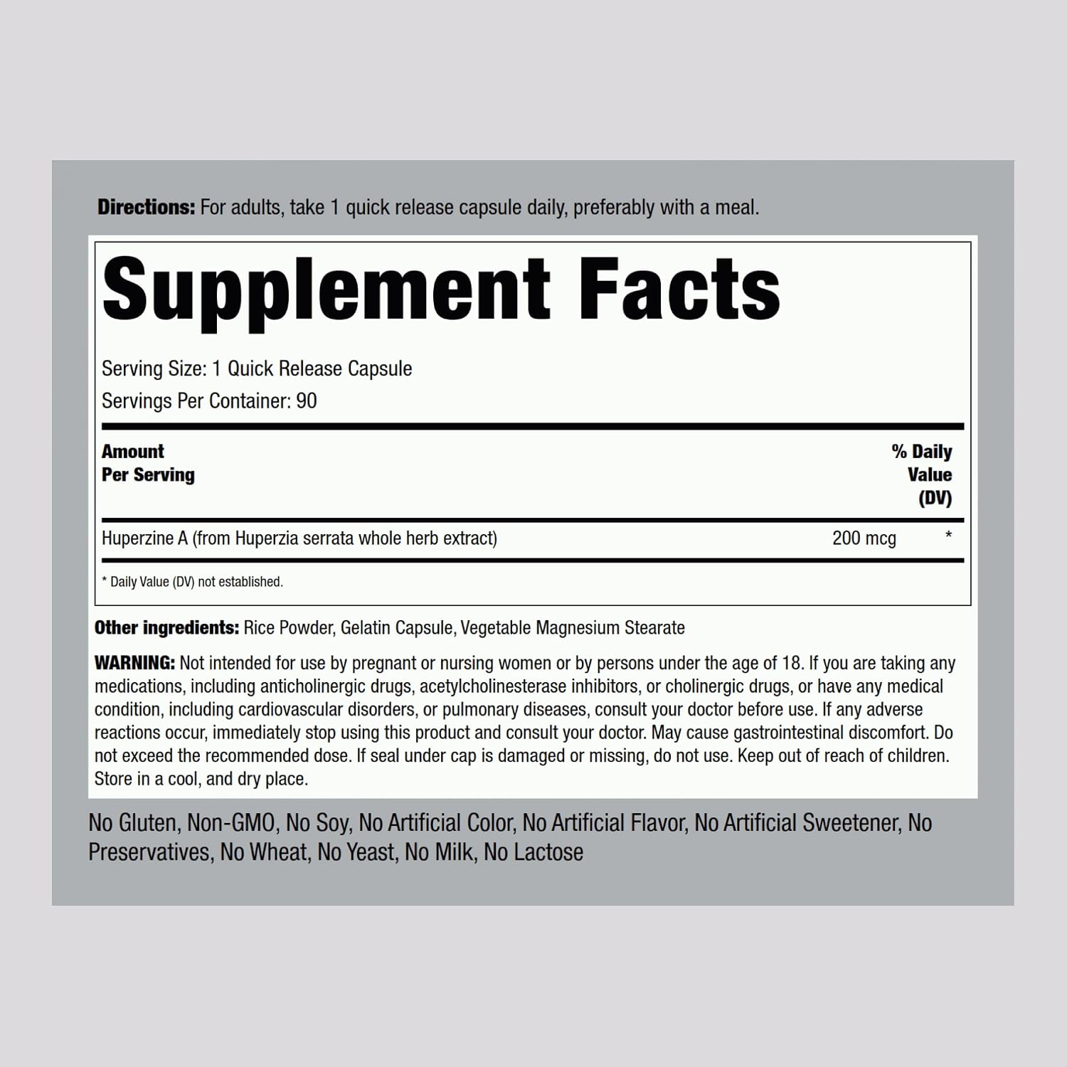 Piping Rock Huperzina A 200mcg, 90 Cápsulas, Sin OGM, Sin Gluten