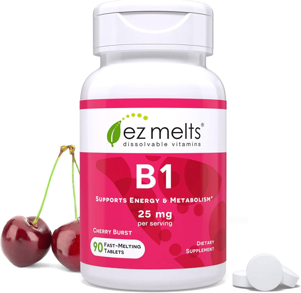 EZ Melts Vitamina B1 25 mg - Comprimidos Sublinguales - 90 Comprimidos (45 Dosis) - Sabor Cherry Burst - Sin Gluten, Sin Soja, Vegano