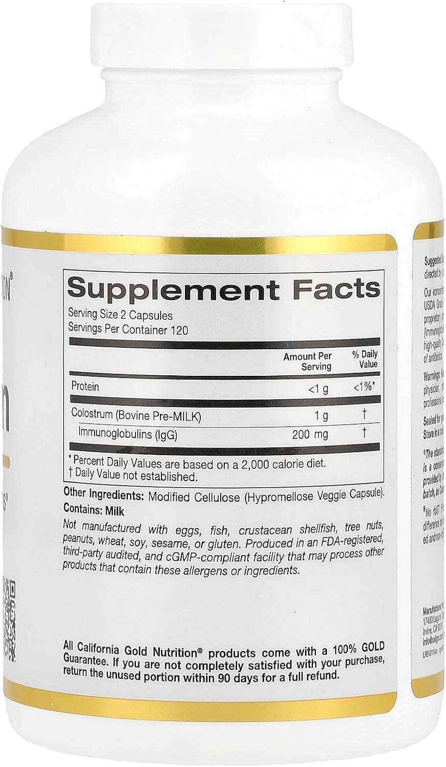 California Gold Nutrition Calostro Bovino Concentrado con Inmunoglobulinas - Apoyo Inmunitario - Sin Gluten, Sin OGM, Sin Antibióticos - 240 Cápsulas Vegetales