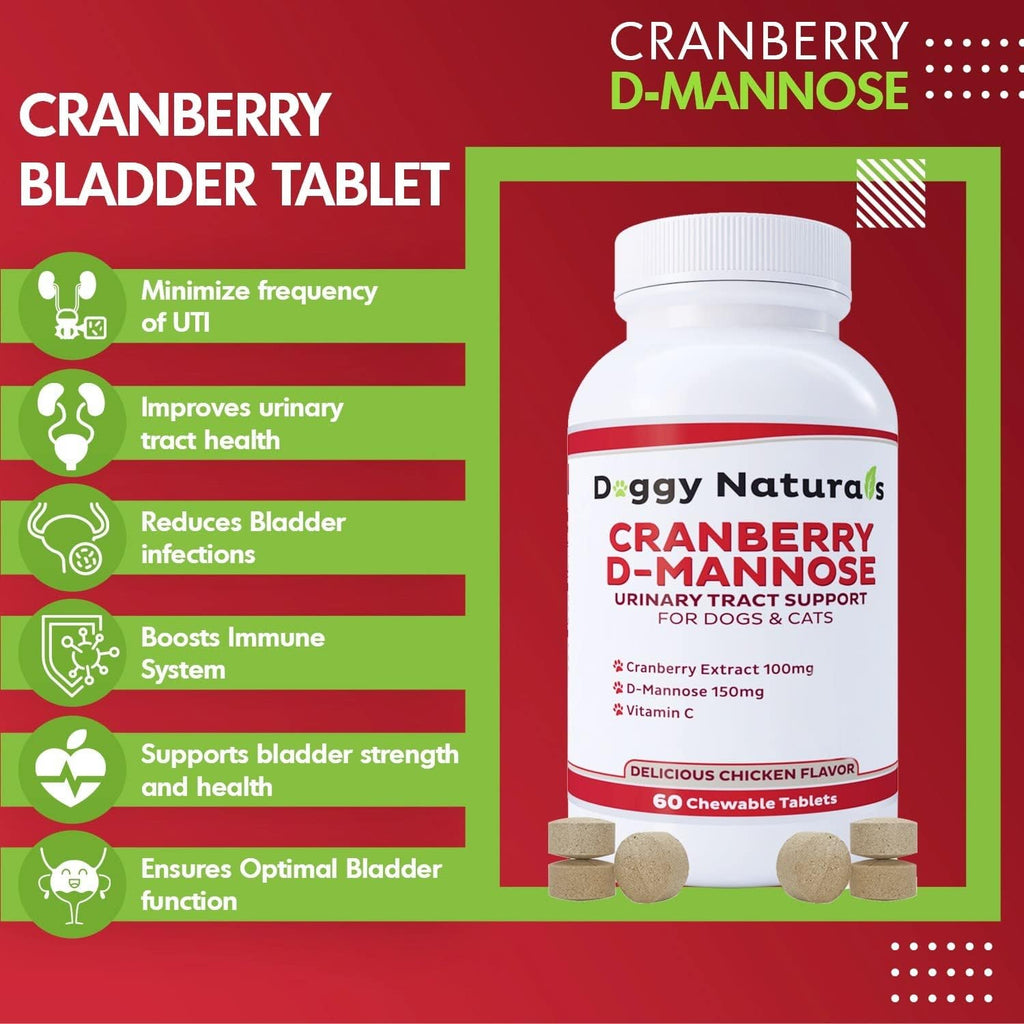 Cranberry D-Mannose para Perros y Gatos - Apoyo para el Tracto Urinario - 60 Comprimidos Masticables
