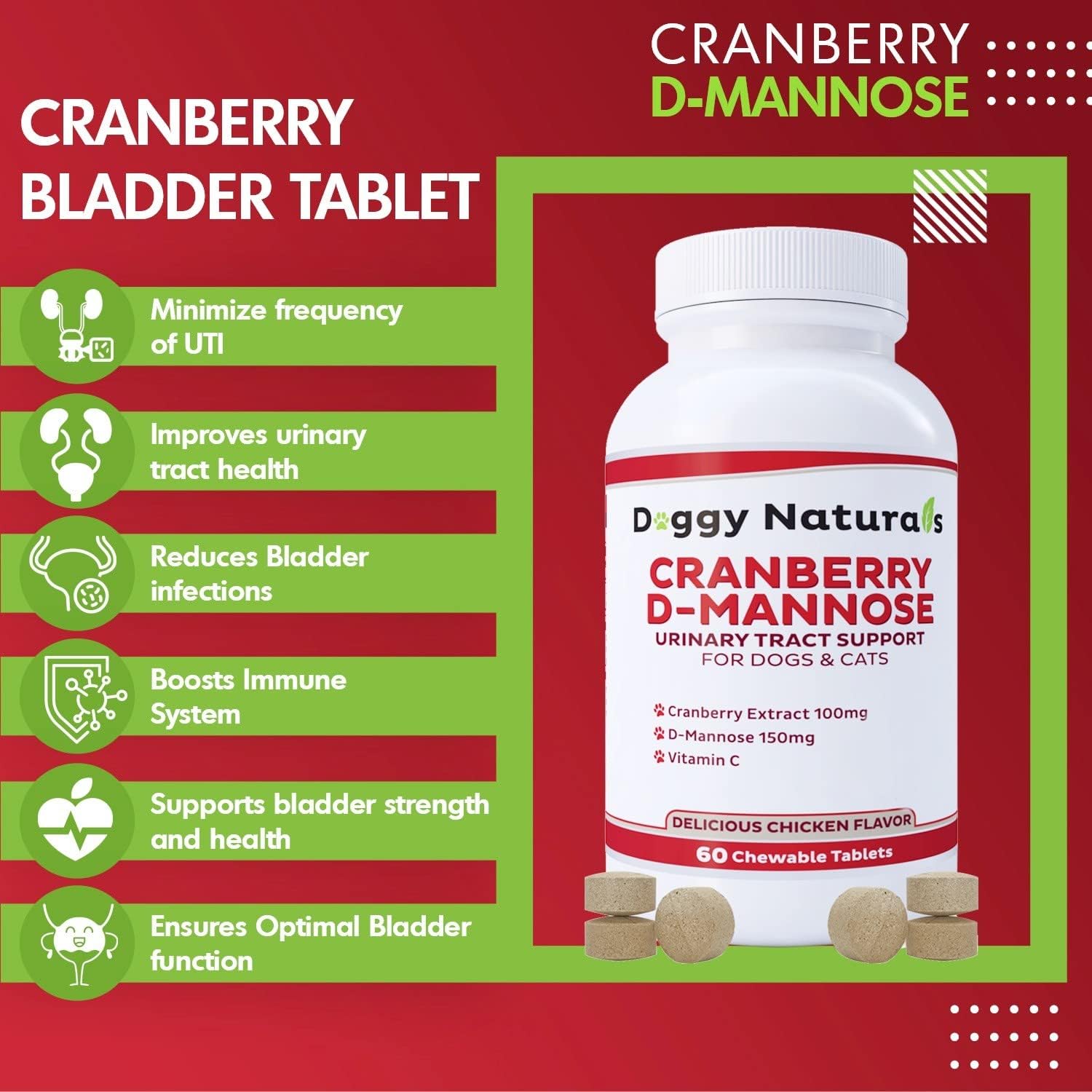 Cranberry D-Mannose para Perros y Gatos - Apoyo para el Tracto Urinario - 60 Comprimidos Masticables