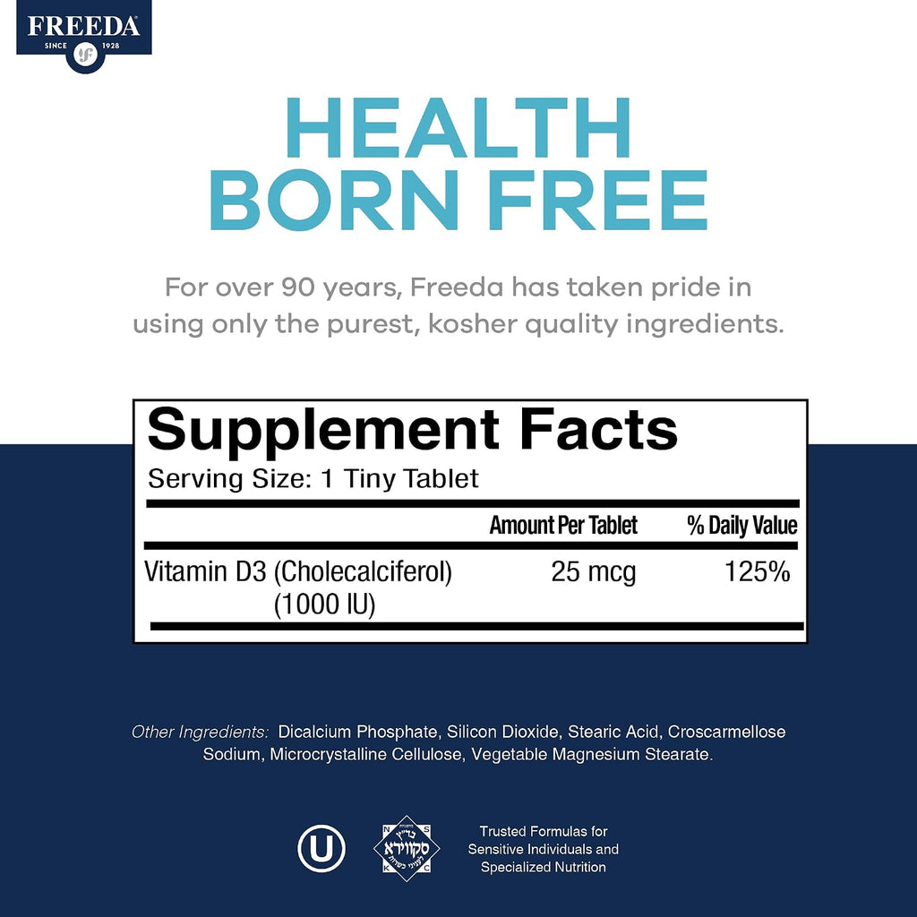FREEDA Vitamina D3 Pura 1000 UI – Dosis de Mantenimiento Diaria – 500 Comprimidos Pequeños