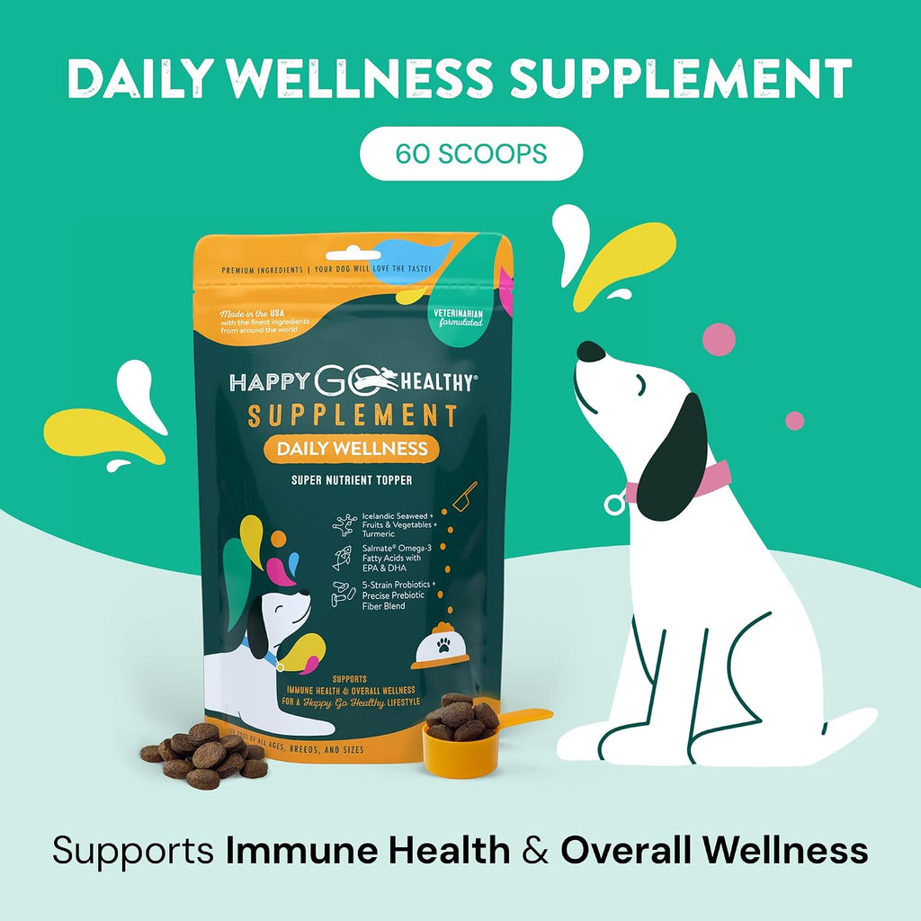 Daily Wellness Suplemento para Perros con Probióticos y Prebióticos, Aceite de Salmón y Algas Marinas - 60 unidades