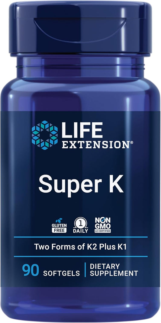 Life Extension Super K - Complejo de Vitamina K1 y K2, 2000 mcg K1 y 1180 mcg K2, 90 Cápsulas Blandas